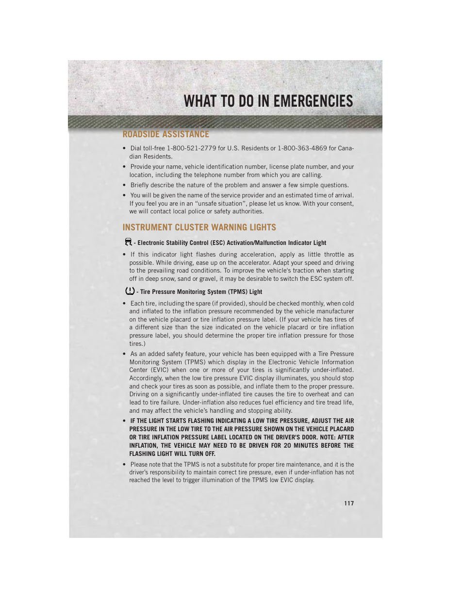 What to do in emergencies, Roadside assistance, Instrument cluster warning lights | Tire pressure monitoring system (tpms) light | Ram Trucks 2013 Chassis Cab - User Guide User Manual | Page 119 / 172