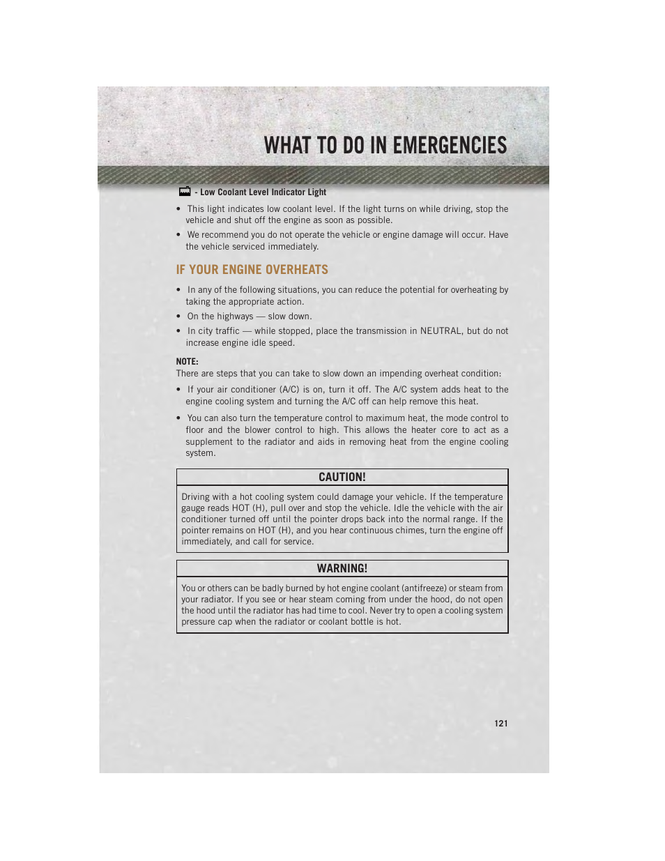 Low coolant level indicator light, If your engine overheats, What to do in emergencies | Ram Trucks 2013 Chassis Cab - User Guide User Manual | Page 123 / 172