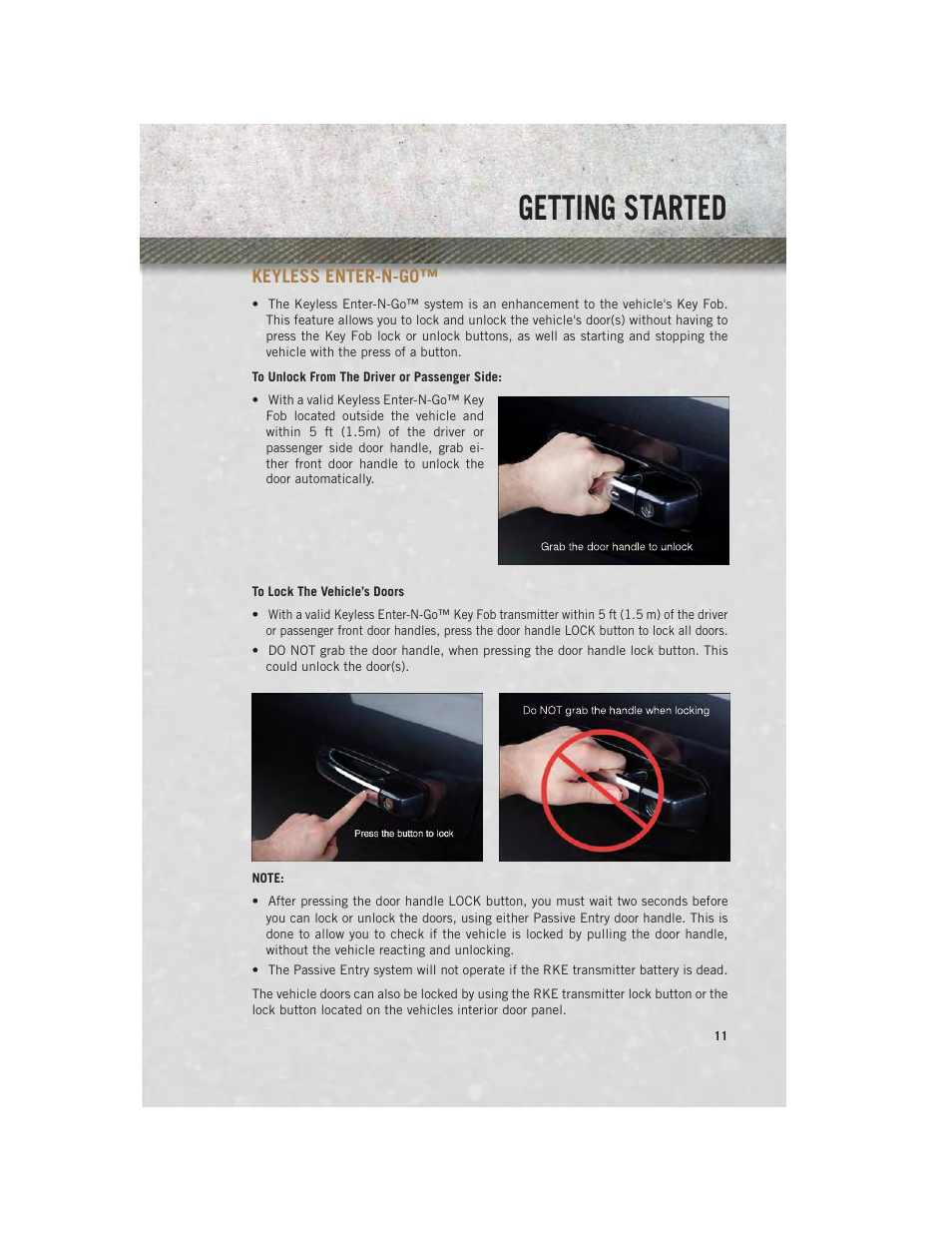 Keyless enter-n-go, To unlock from the driver or passenger side, To lock the vehicle’s doors | Getting started | Ram Trucks 2013 Chassis Cab - User Guide User Manual | Page 13 / 172