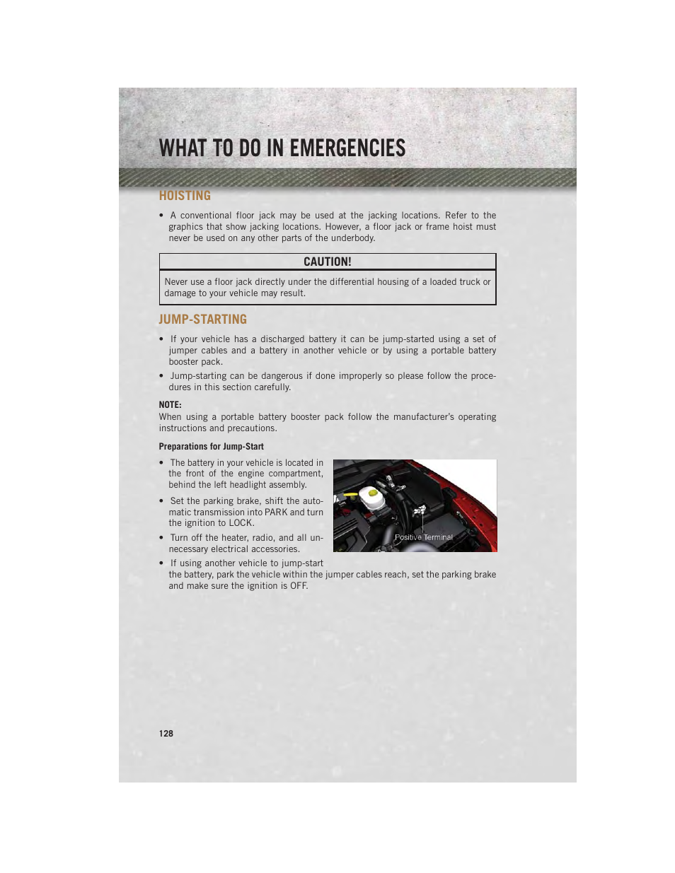 Hoisting, Jump-starting, Preparations for jump-start | What to do in emergencies | Ram Trucks 2013 Chassis Cab - User Guide User Manual | Page 130 / 172
