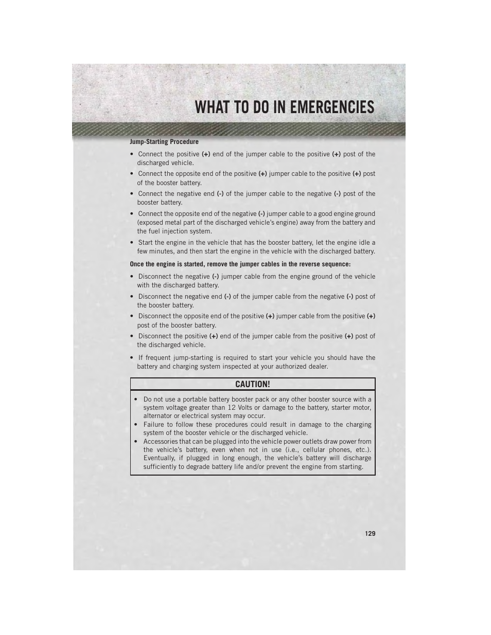 Jump-starting procedure, What to do in emergencies | Ram Trucks 2013 Chassis Cab - User Guide User Manual | Page 131 / 172