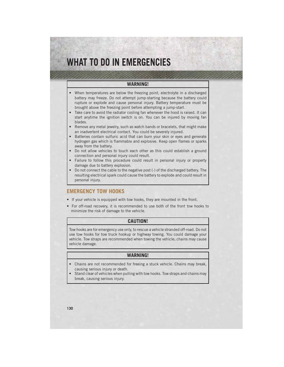Emergency tow hooks, What to do in emergencies | Ram Trucks 2013 Chassis Cab - User Guide User Manual | Page 132 / 172
