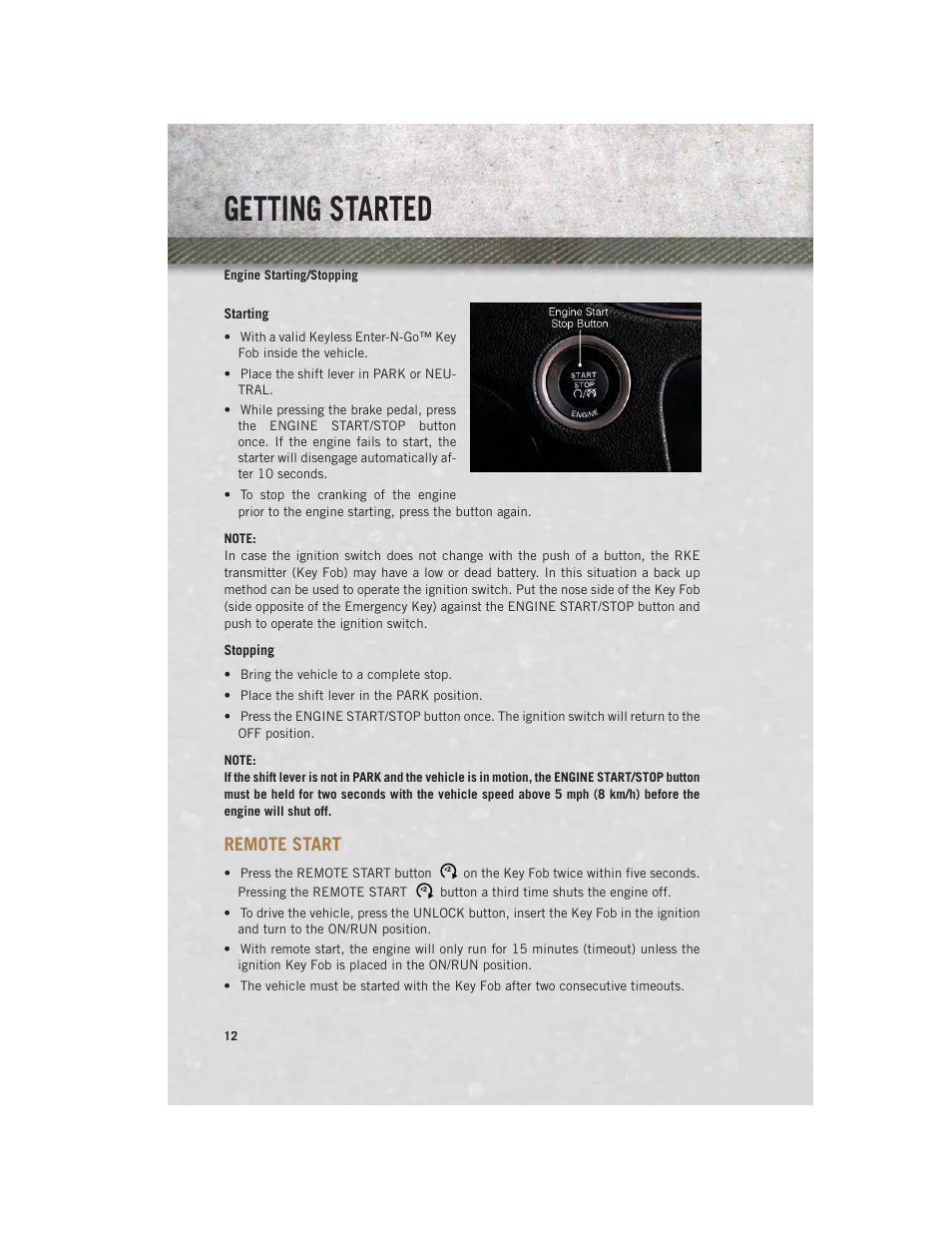 Engine starting/stopping, Remote start, Theft alarm | Seat belt, Getting started | Ram Trucks 2013 Chassis Cab - User Guide User Manual | Page 14 / 172