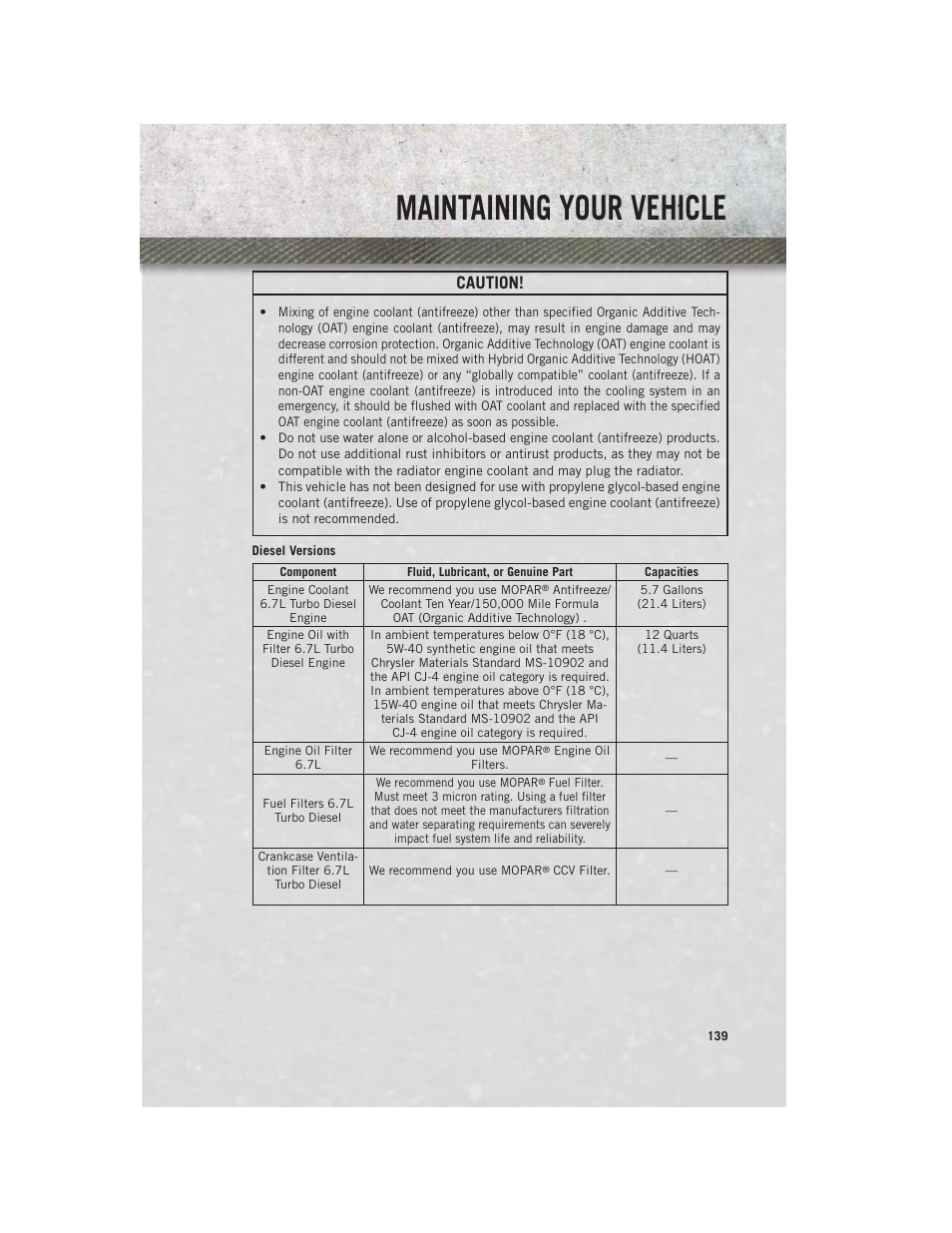 Diesel versions, Maintaining your vehicle, Caution | Ram Trucks 2013 Chassis Cab - User Guide User Manual | Page 141 / 172