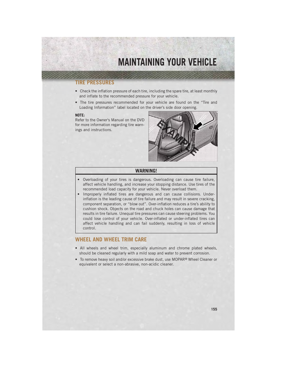 Tire pressures, Wheel and wheel trim care, Maintaining your vehicle | Ram Trucks 2013 Chassis Cab - User Guide User Manual | Page 157 / 172