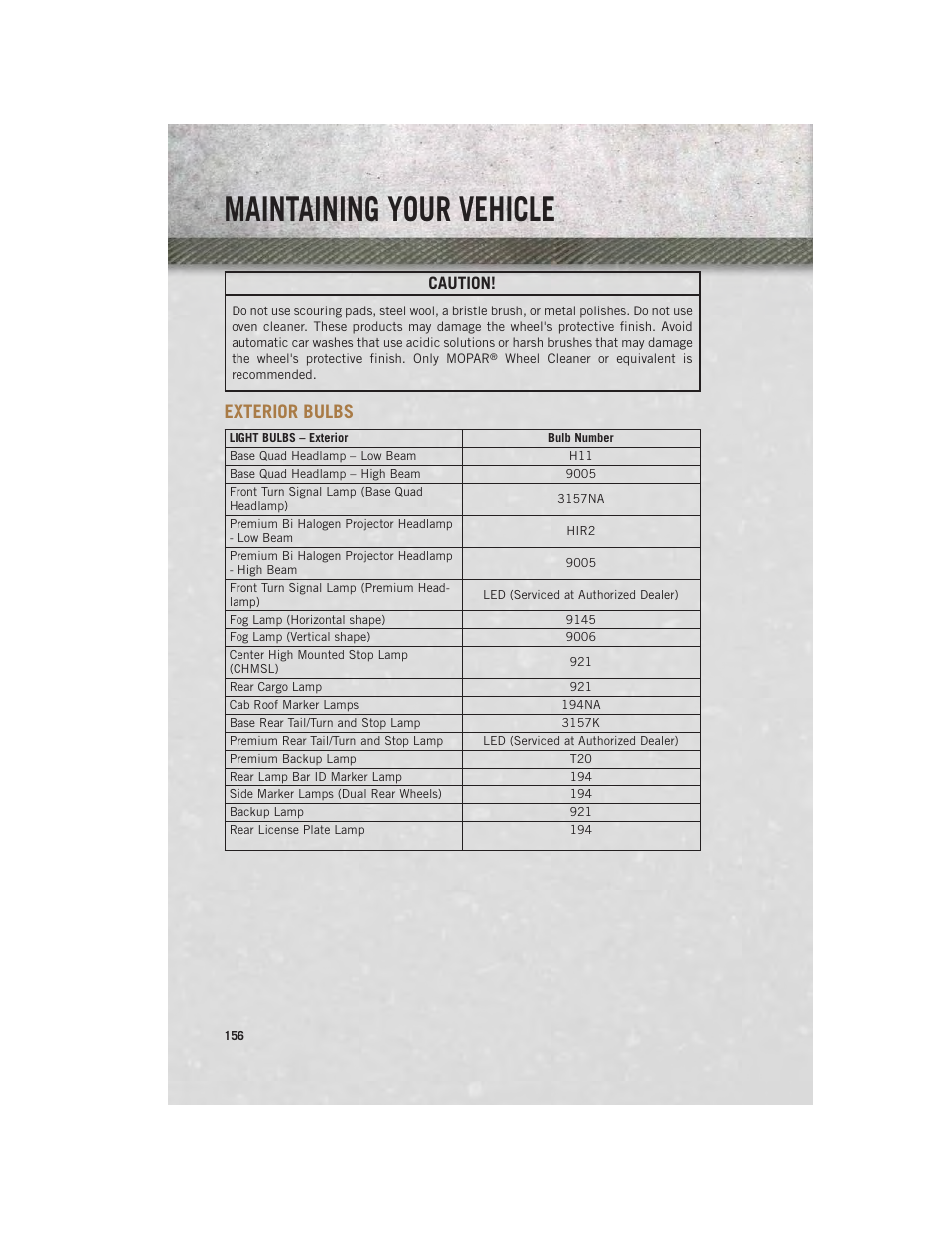 Exterior bulbs, Maintaining your vehicle, Caution | Ram Trucks 2013 Chassis Cab - User Guide User Manual | Page 158 / 172
