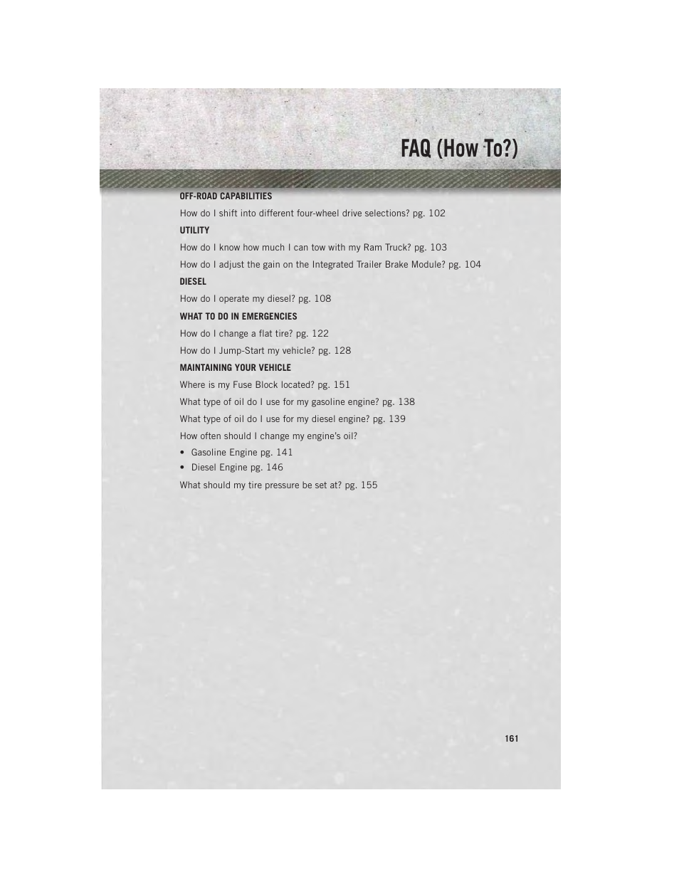 Faq (how to?) | Ram Trucks 2013 Chassis Cab - User Guide User Manual | Page 163 / 172