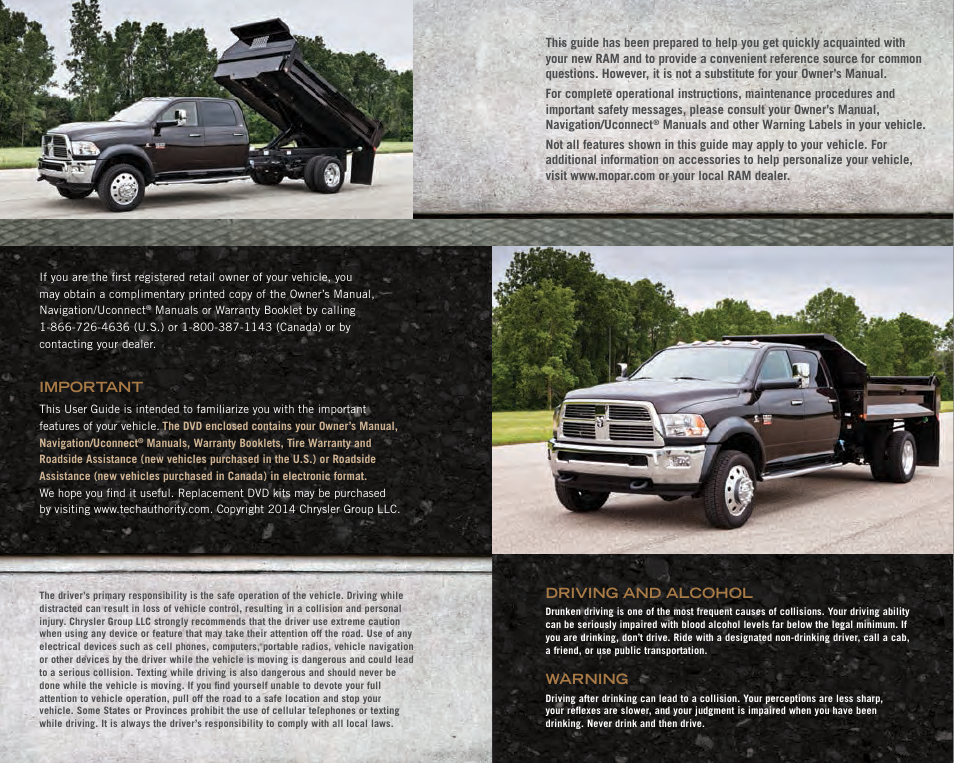 Important, Driving and alcohol, Warning | Ram Trucks 2013 Chassis Cab - User Guide User Manual | Page 2 / 172