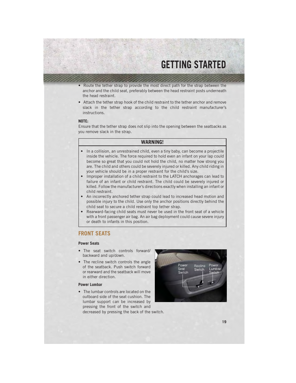 Front seats, Power seats, Power lumbar | Getting started | Ram Trucks 2013 Chassis Cab - User Guide User Manual | Page 21 / 172