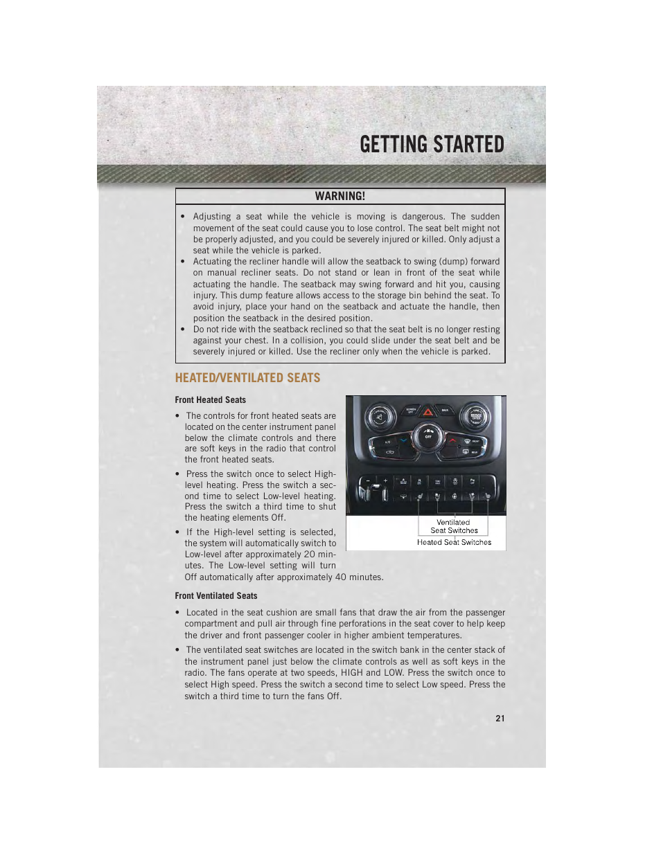 Heated/ventilated seats, Front heated seats, Front ventilated seats | Getting started | Ram Trucks 2013 Chassis Cab - User Guide User Manual | Page 23 / 172