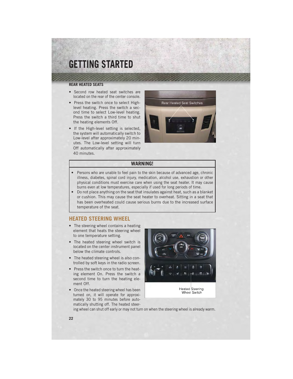 Rear heated seats, Heated steering wheel, Getting started | Ram Trucks 2013 Chassis Cab - User Guide User Manual | Page 24 / 172