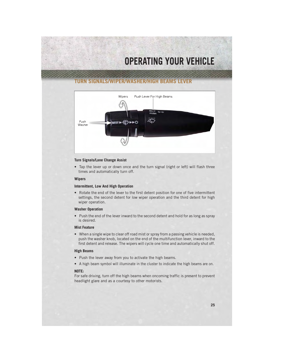 Turn signals/wiper/washer/high beams lever, Turn signals/lane change assist, Wipers | High beams, Operating your vehicle | Ram Trucks 2013 Chassis Cab - User Guide User Manual | Page 27 / 172
