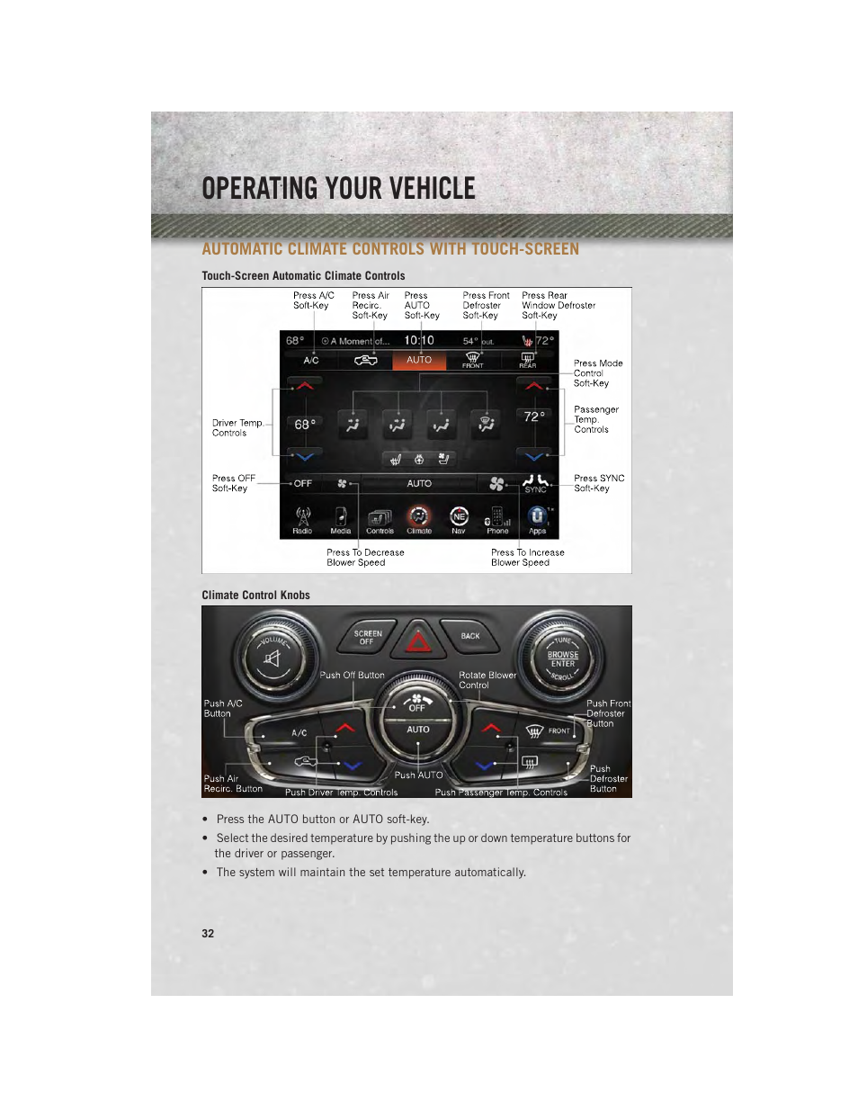 Automatic climate controls with touch-screen, Operating your vehicle | Ram Trucks 2013 Chassis Cab - User Guide User Manual | Page 34 / 172
