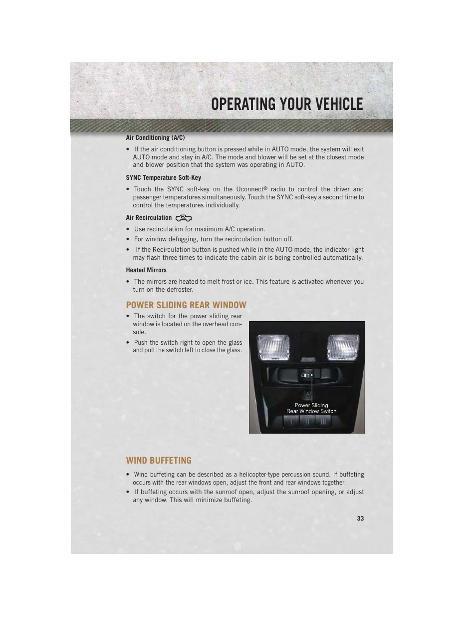 Air conditioning (a/c), Sync temperature soft-key, Air recirculation | Heated mirrors, Power sliding rear window, Wind buffeting, Operating your vehicle | Ram Trucks 2013 Chassis Cab - User Guide User Manual | Page 35 / 172