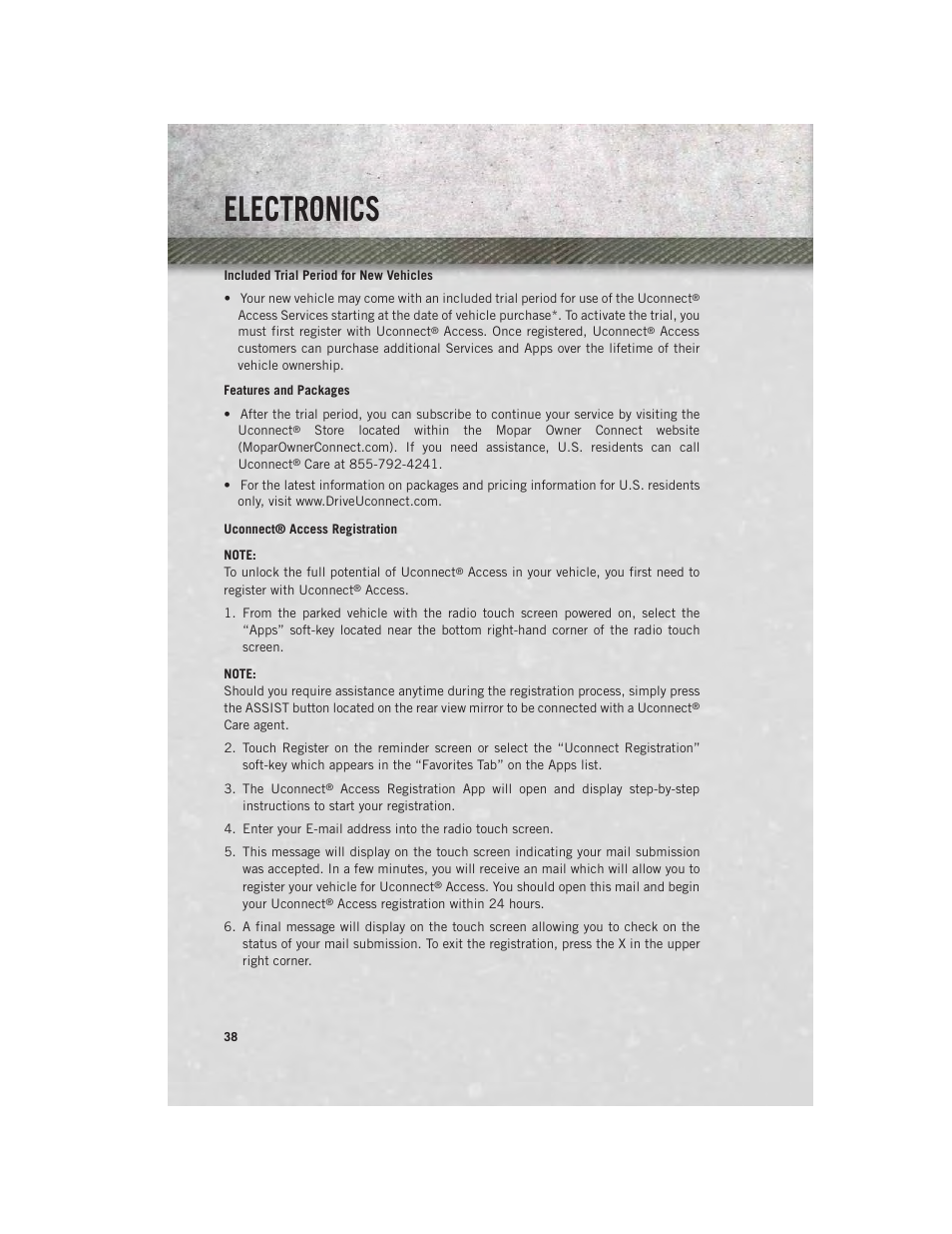 Uconnect® access registration, Electronics | Ram Trucks 2013 Chassis Cab - User Guide User Manual | Page 40 / 172