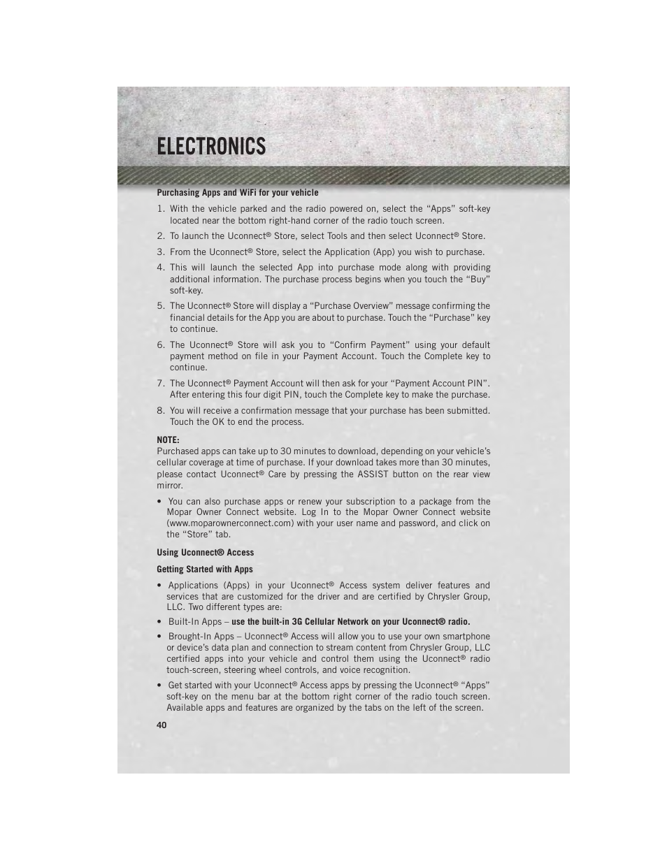 Using uconnect® access, Electronics | Ram Trucks 2013 Chassis Cab - User Guide User Manual | Page 42 / 172