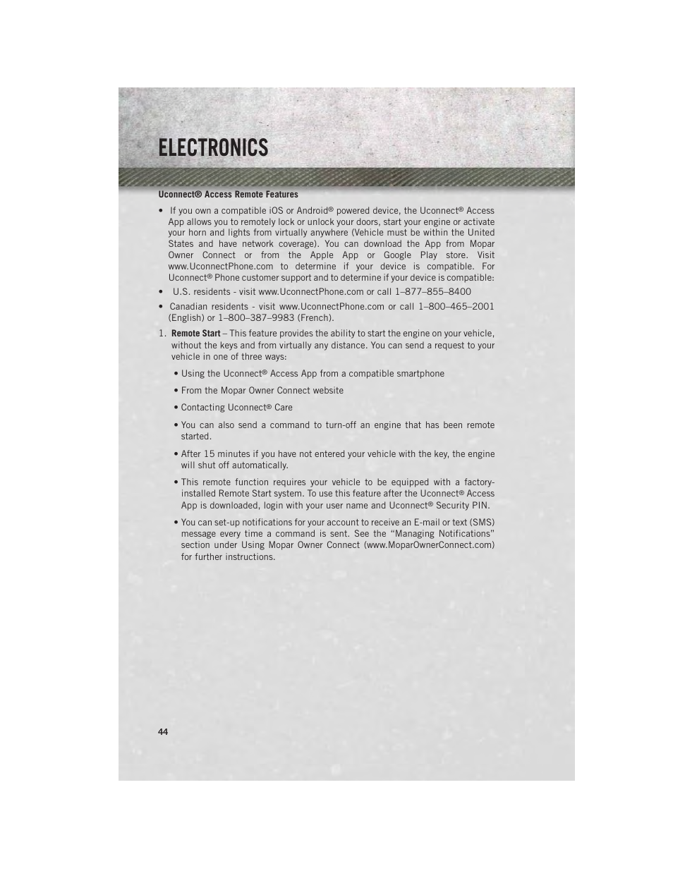 Uconnect® access remote features, Electronics | Ram Trucks 2013 Chassis Cab - User Guide User Manual | Page 46 / 172