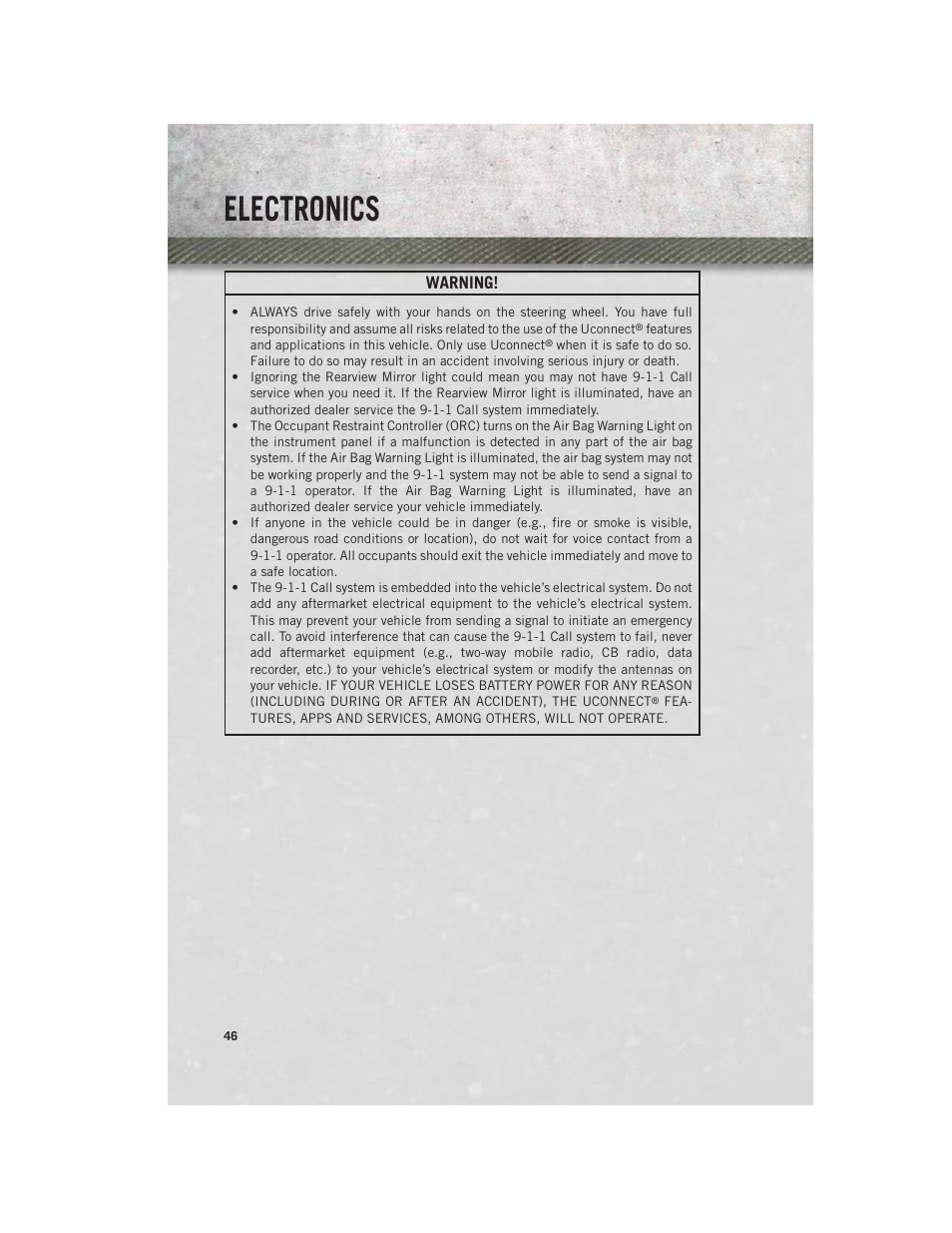 Electronics, Warning | Ram Trucks 2013 Chassis Cab - User Guide User Manual | Page 48 / 172