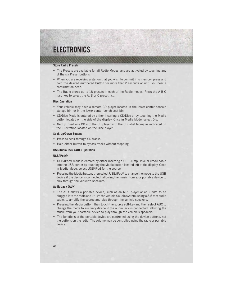Disc operation, Usb/audio jack (aux) operation, Electronics | Ram Trucks 2013 Chassis Cab - User Guide User Manual | Page 50 / 172