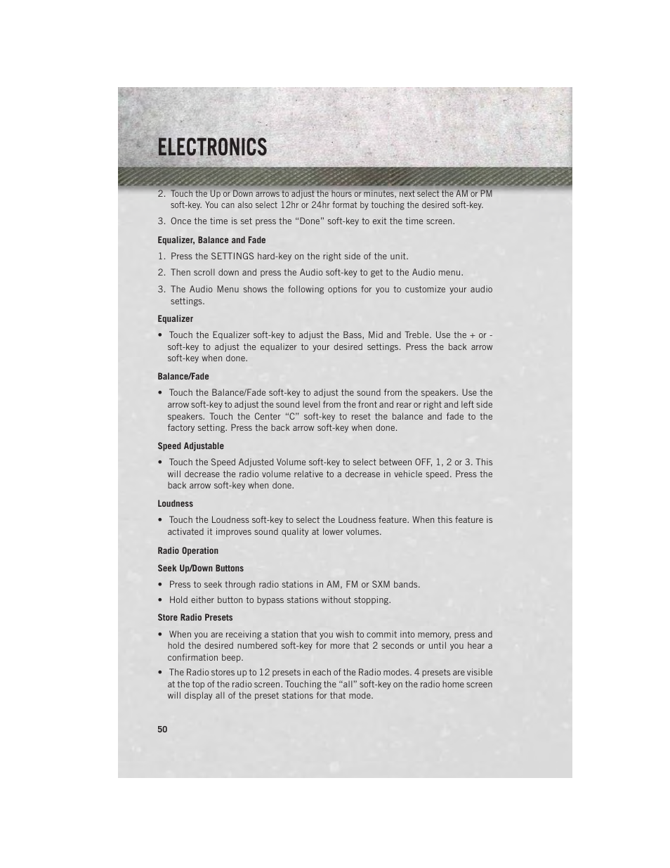 Equalizer, balance and fade, Radio operation, Electronics | Ram Trucks 2013 Chassis Cab - User Guide User Manual | Page 52 / 172