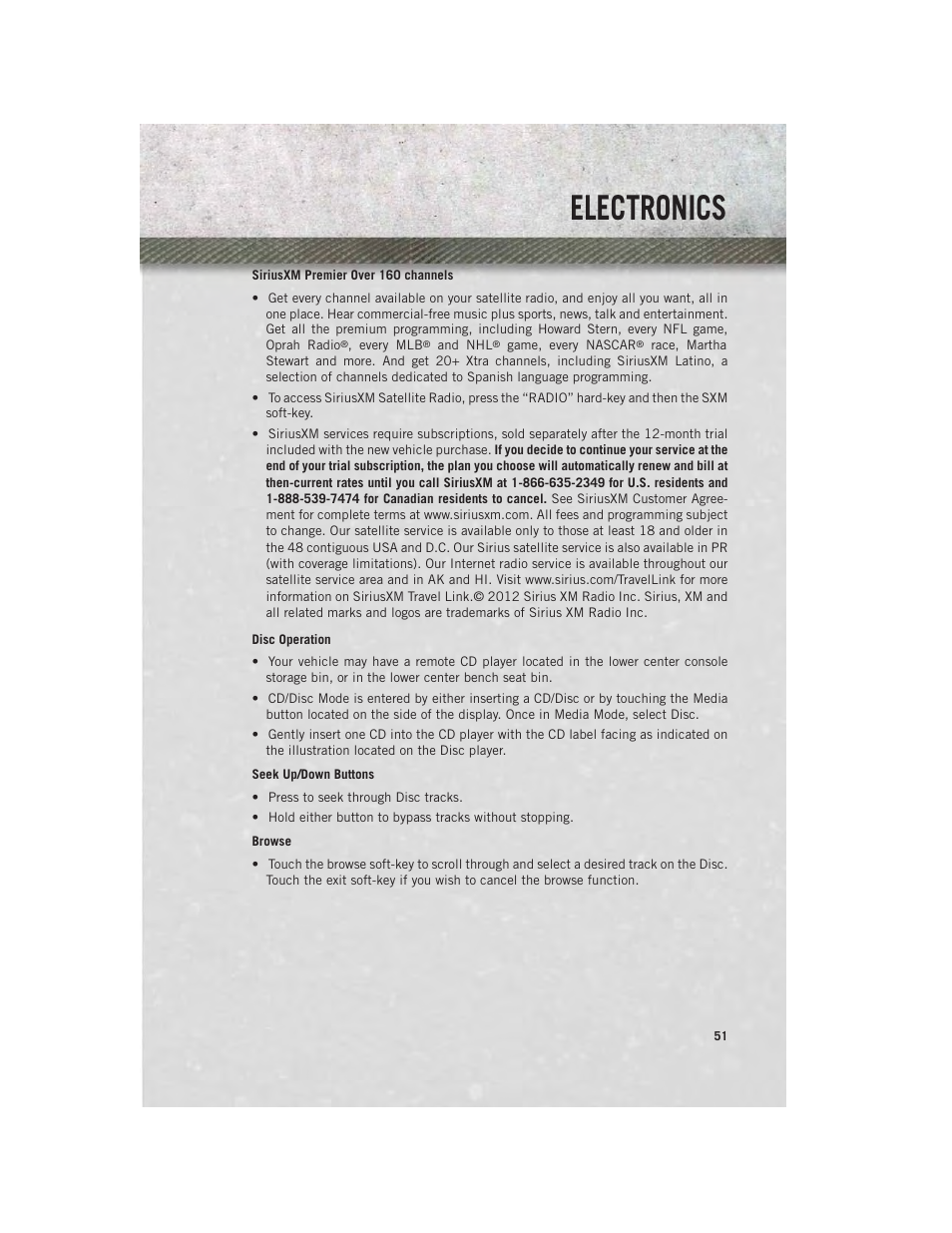 Siriusxm premier over 160 channels, Disc operation, Electronics | Ram Trucks 2013 Chassis Cab - User Guide User Manual | Page 53 / 172