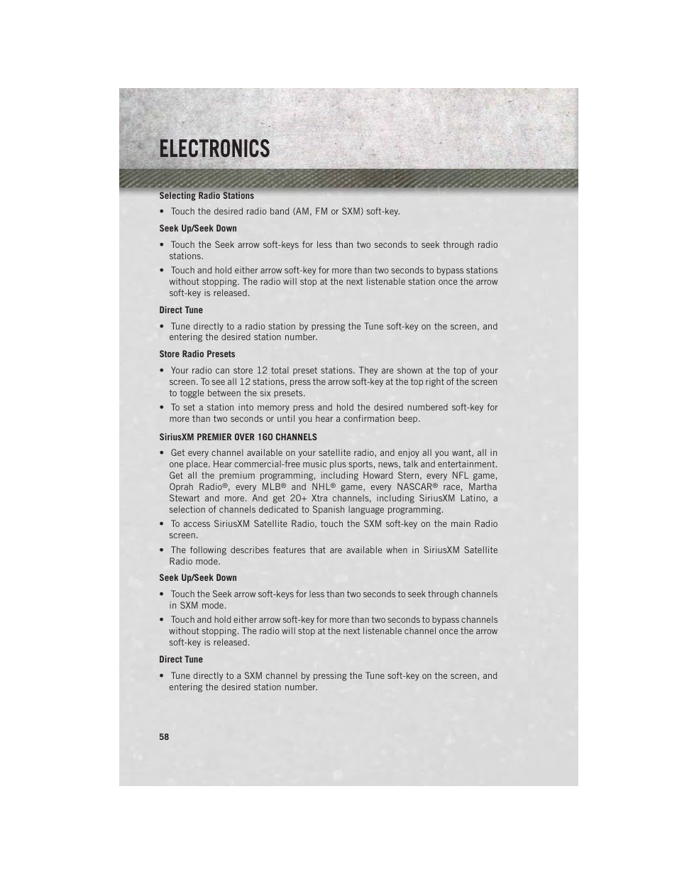 Siriusxm premier over 160 channels, Electronics | Ram Trucks 2013 Chassis Cab - User Guide User Manual | Page 60 / 172