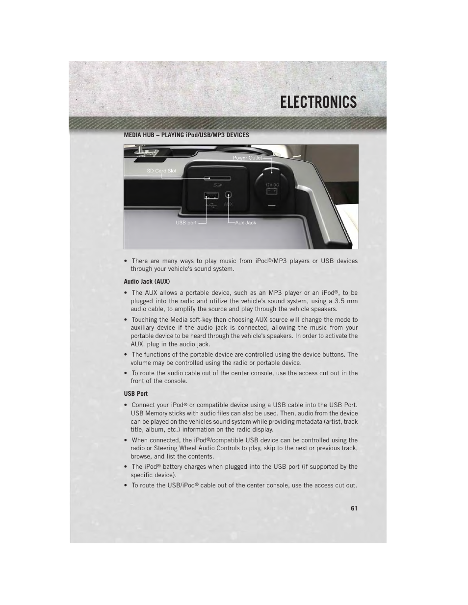 Media hub – playing ipod/usb/mp3 devices, Electronics | Ram Trucks 2013 Chassis Cab - User Guide User Manual | Page 63 / 172