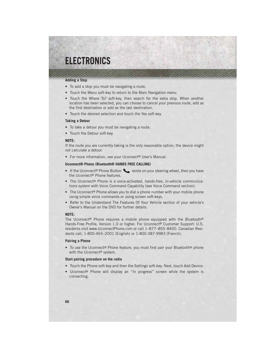 Uconnect® phone (bluetooth® hands free calling), Pairing a phone, Electronics | Ram Trucks 2013 Chassis Cab - User Guide User Manual | Page 68 / 172