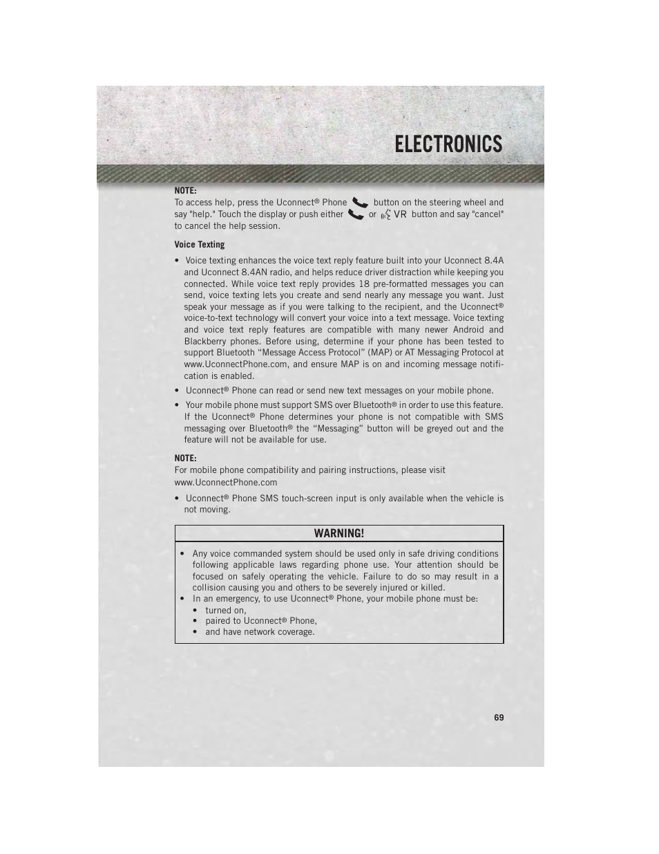 Voice texting, Electronics, Warning | Ram Trucks 2013 Chassis Cab - User Guide User Manual | Page 71 / 172
