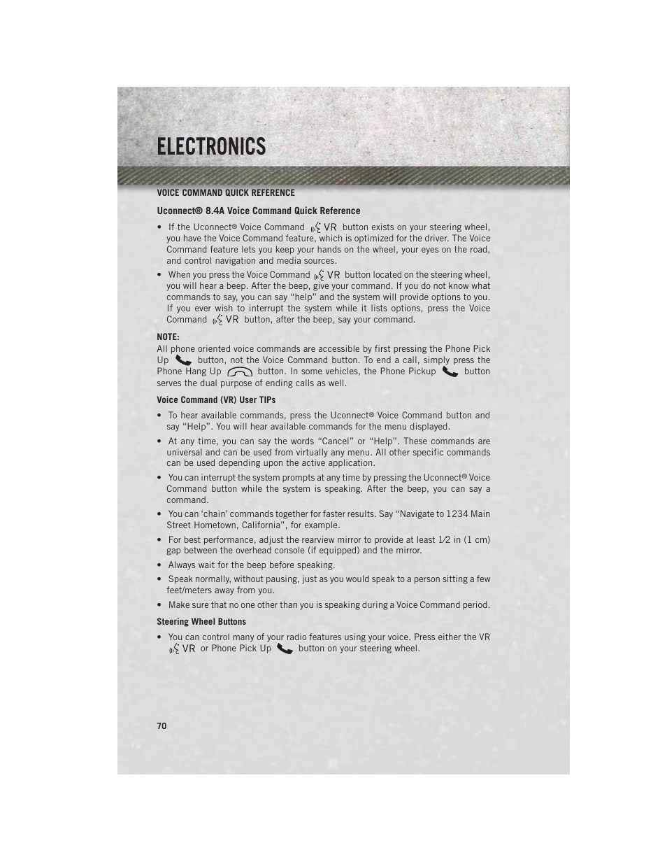 Voice command quick reference, Electronics | Ram Trucks 2013 Chassis Cab - User Guide User Manual | Page 72 / 172