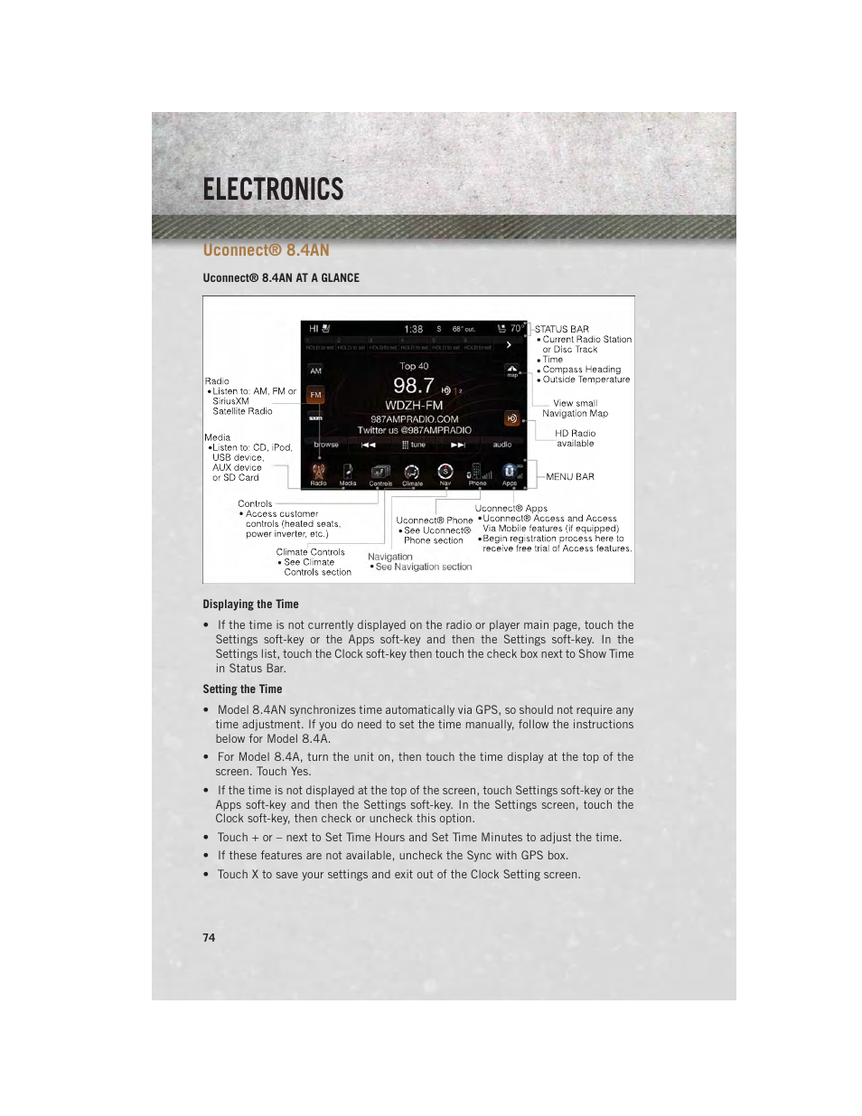 Uconnect® 8.4an, Uconnect® 8.4an at a glance, Electronics | Ram Trucks 2013 Chassis Cab - User Guide User Manual | Page 76 / 172