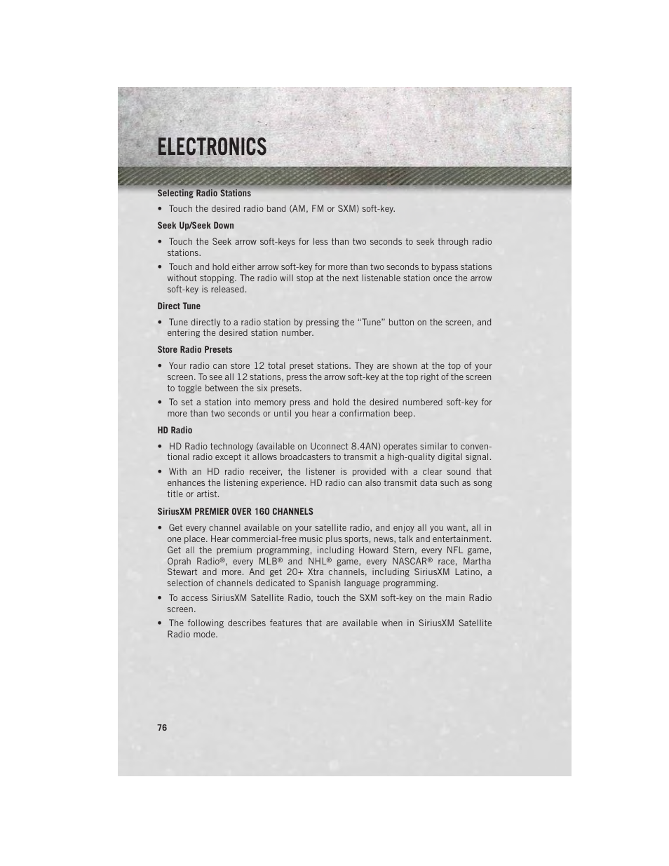 Siriusxm premier over 160 channels, Electronics | Ram Trucks 2013 Chassis Cab - User Guide User Manual | Page 78 / 172