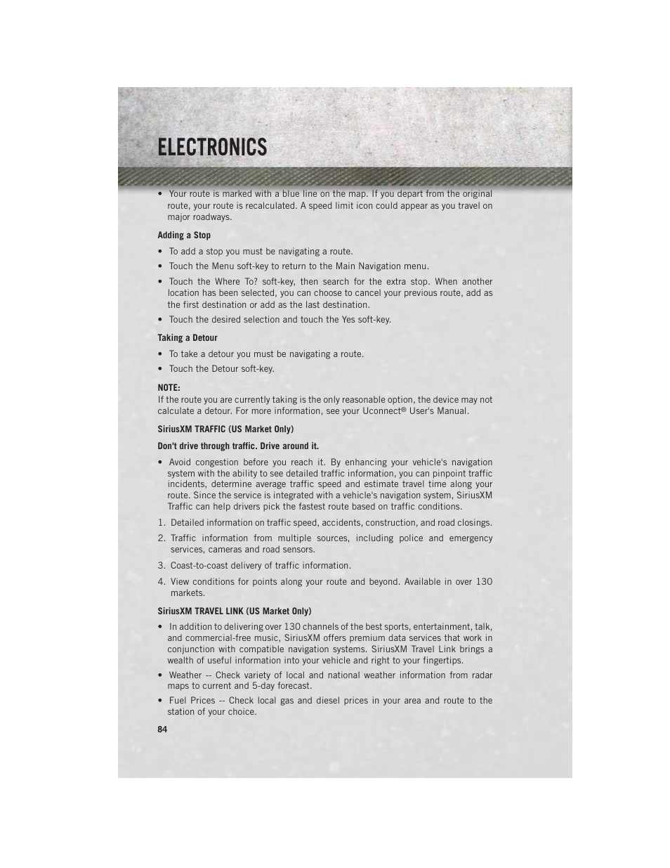 Siriusxm traffic (us market only), Siriusxm travel link (us market only), Electronics | Ram Trucks 2013 Chassis Cab - User Guide User Manual | Page 86 / 172