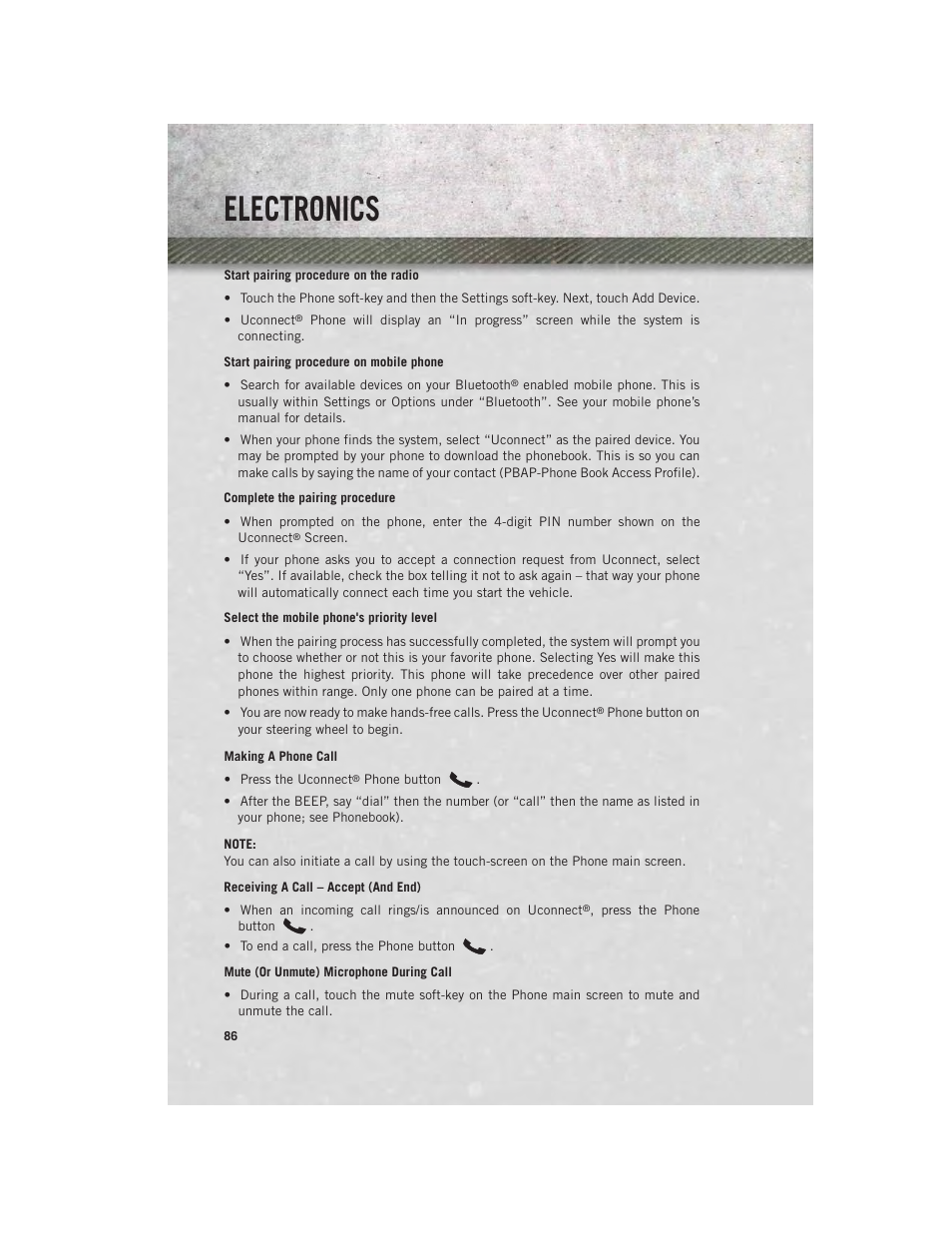 Making a phone call, Receiving a call – accept (and end), Mute (or unmute) microphone during call | Electronics | Ram Trucks 2013 Chassis Cab - User Guide User Manual | Page 88 / 172