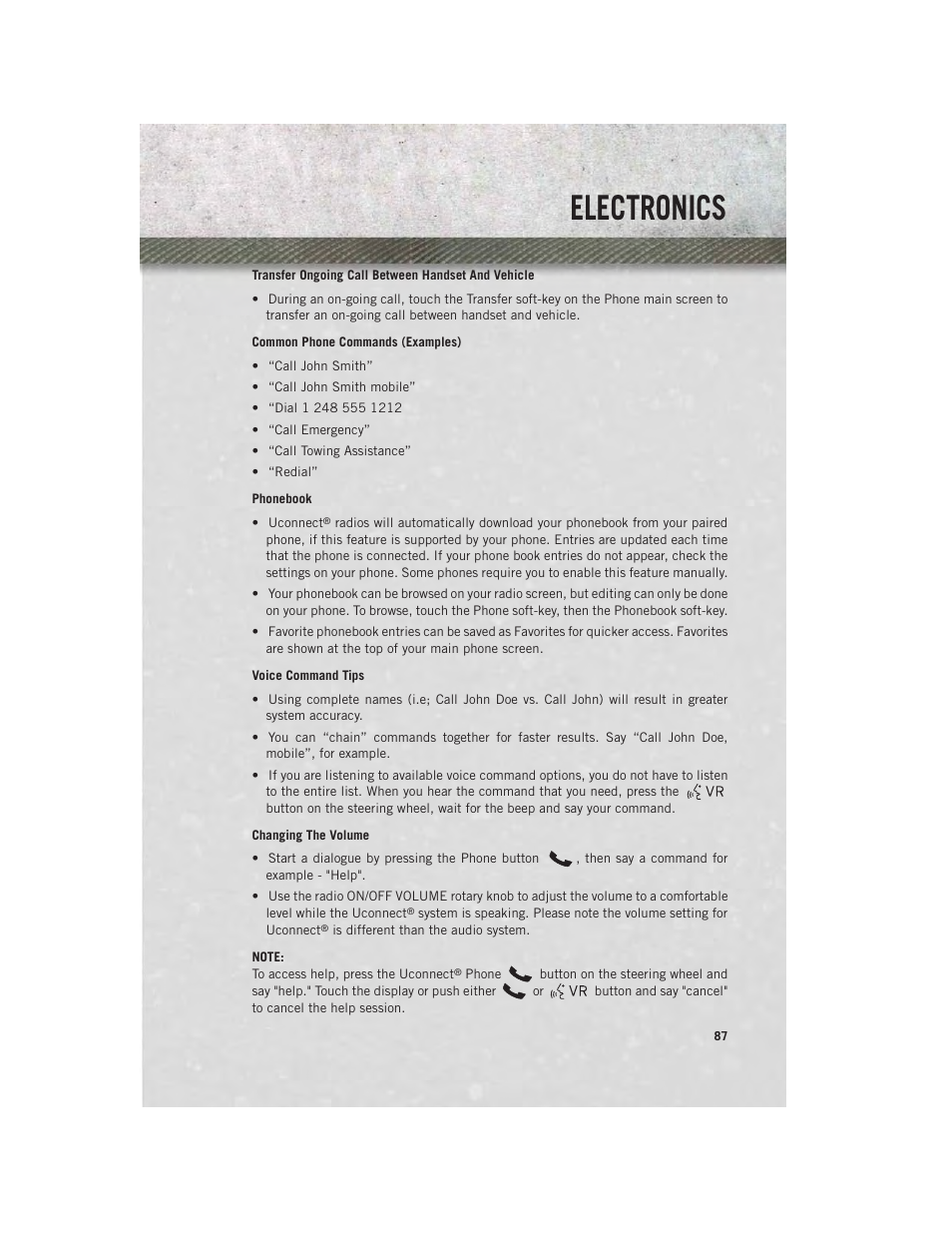 Transfer ongoing call between handset and vehicle, Common phone commands (examples), Phonebook | Voice command tips, Changing the volume, Electronics | Ram Trucks 2013 Chassis Cab - User Guide User Manual | Page 89 / 172