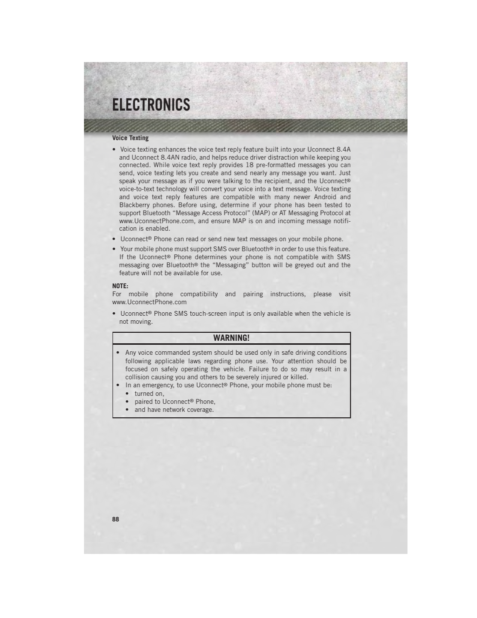 Voice texting, Electronics, Warning | Ram Trucks 2013 Chassis Cab - User Guide User Manual | Page 90 / 172