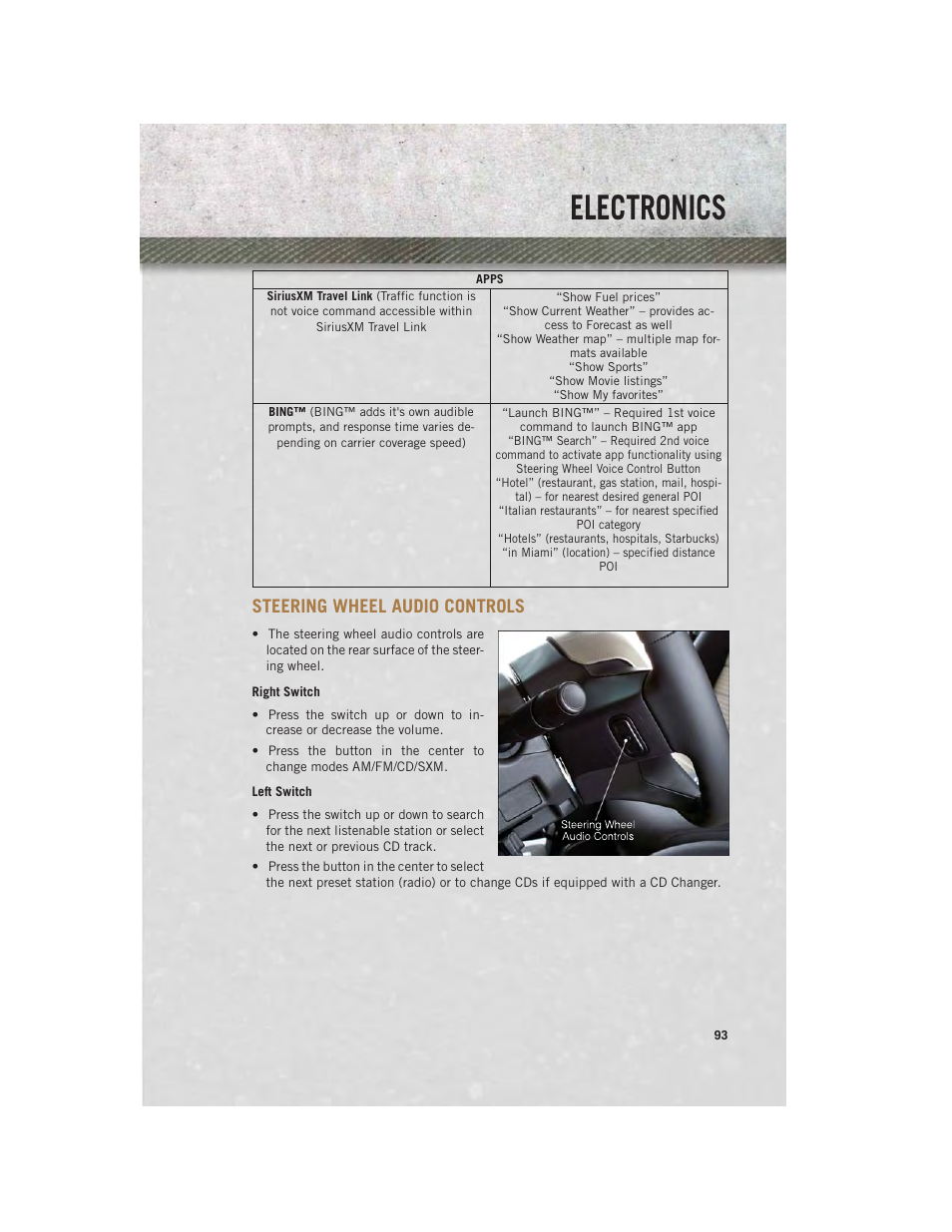 Steering wheel audio controls, Right switch, Left switch | Electronics | Ram Trucks 2013 Chassis Cab - User Guide User Manual | Page 95 / 172
