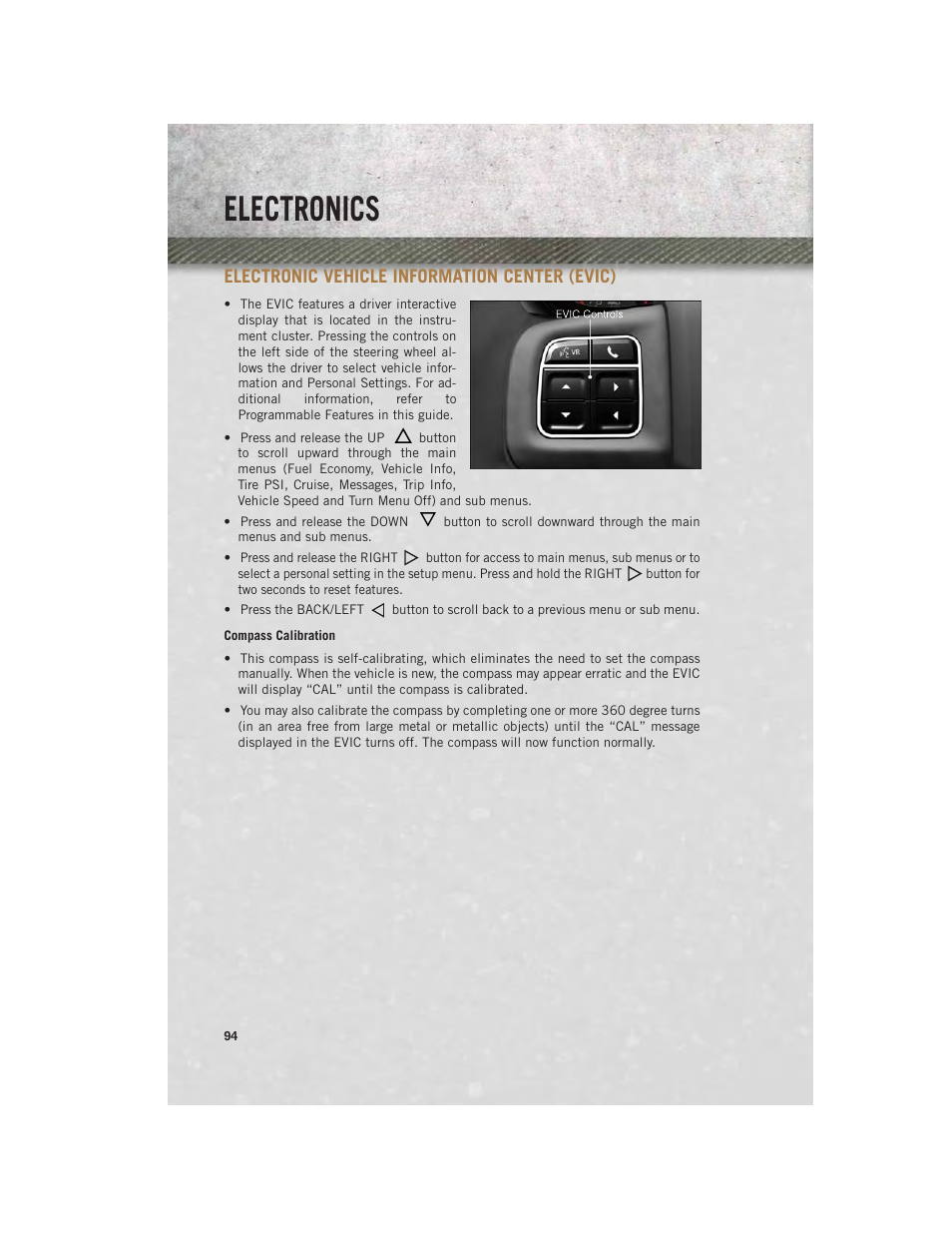 Electronic vehicle information center (evic), Compass calibration, Electronic vehicle information | Center (evic), Electronics | Ram Trucks 2013 Chassis Cab - User Guide User Manual | Page 96 / 172