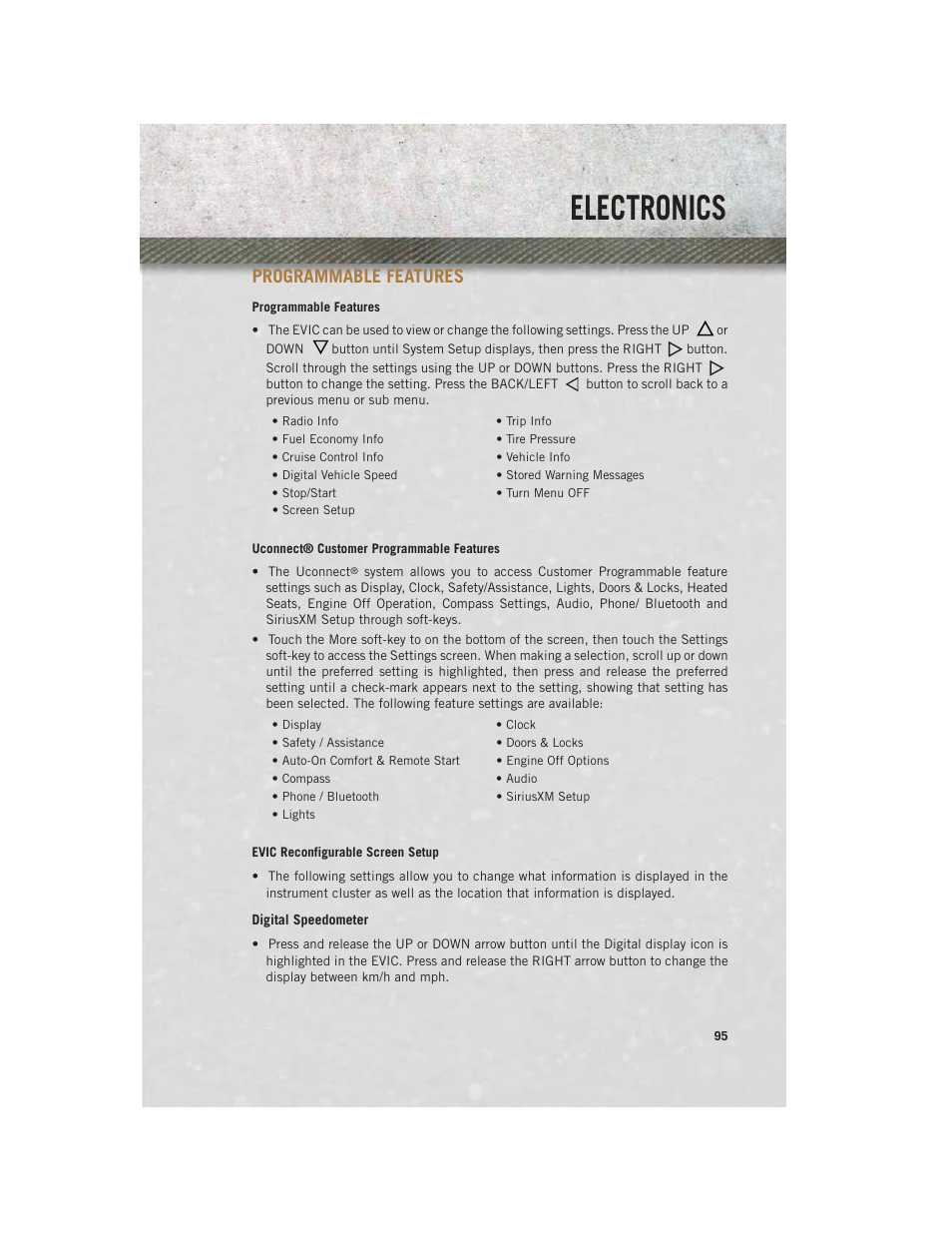 Programmable features, Uconnect® customer programmable features, Evic reconfigurable screen setup | Electronics | Ram Trucks 2013 Chassis Cab - User Guide User Manual | Page 97 / 172