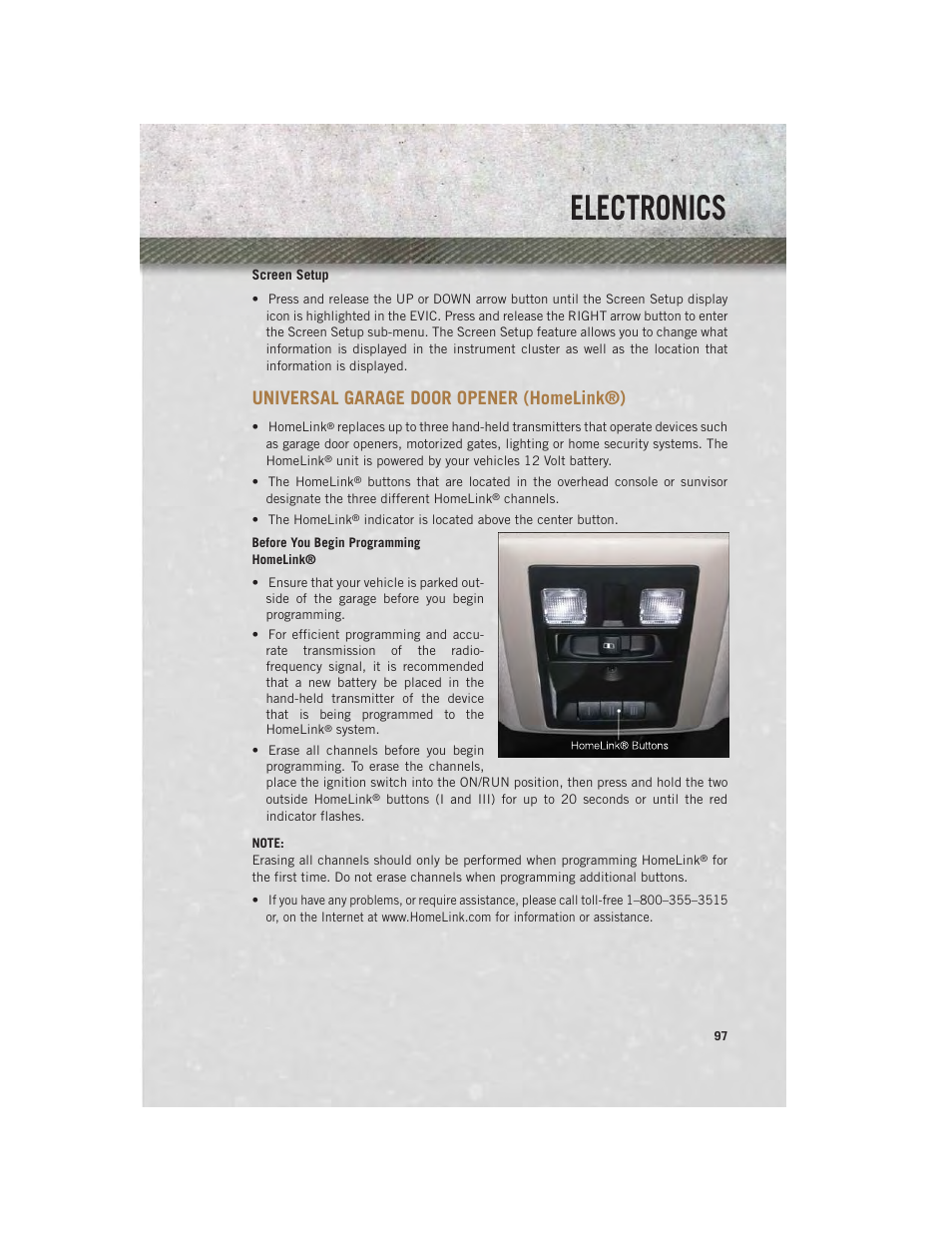 Universal garage door opener (homelink®), Before you begin programming homelink, Electronics | Ram Trucks 2013 Chassis Cab - User Guide User Manual | Page 99 / 172