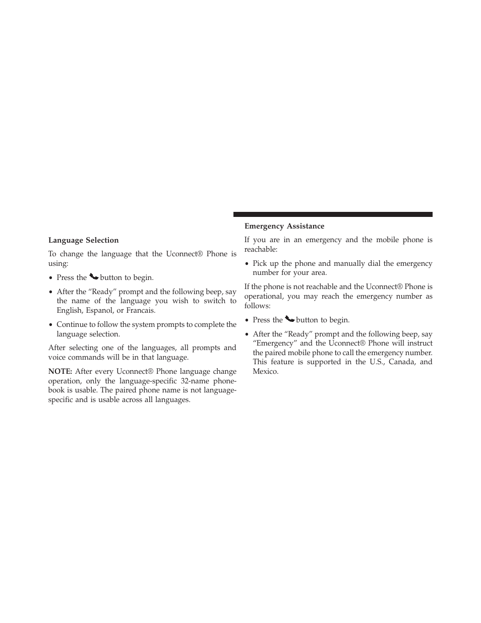 Uconnect® phone features, Language selection, Emergency assistance | Ram Trucks 2013 С/V - Owner Manual User Manual | Page 160 / 700