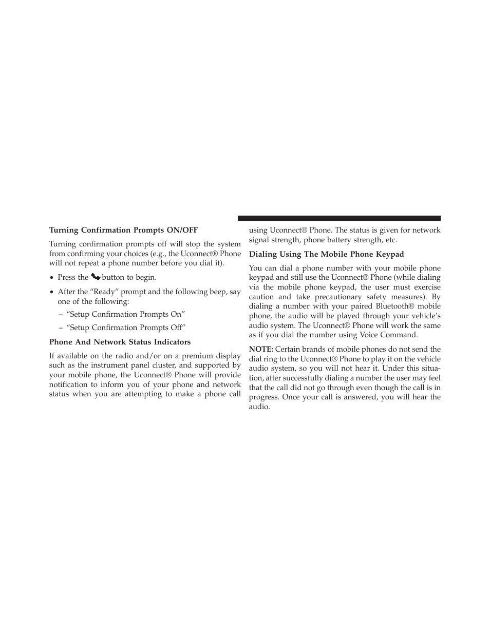 Turning confirmation prompts on/off, Phone and network status indicators, Dialing using the mobile phone keypad | Ram Trucks 2013 С/V - Owner Manual User Manual | Page 164 / 700