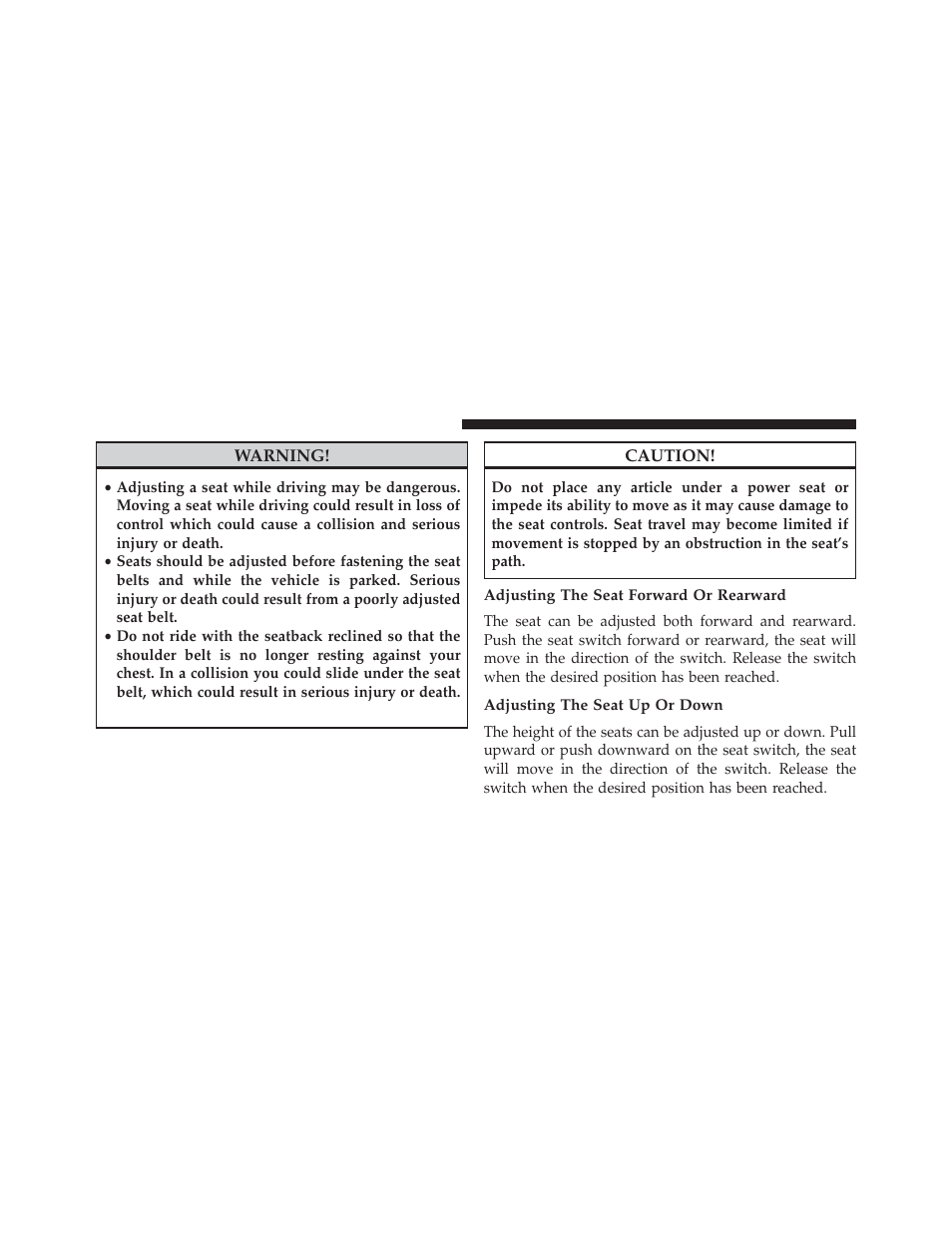 Adjusting the seat forward or rearward, Adjusting the seat up or down | Ram Trucks 2013 С/V - Owner Manual User Manual | Page 186 / 700