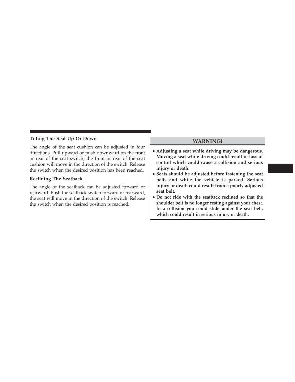 Tilting the seat up or down, Reclining the seatback | Ram Trucks 2013 С/V - Owner Manual User Manual | Page 187 / 700