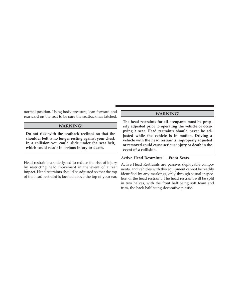 Head restraints, Active head restraints — front seats | Ram Trucks 2013 С/V - Owner Manual User Manual | Page 194 / 700