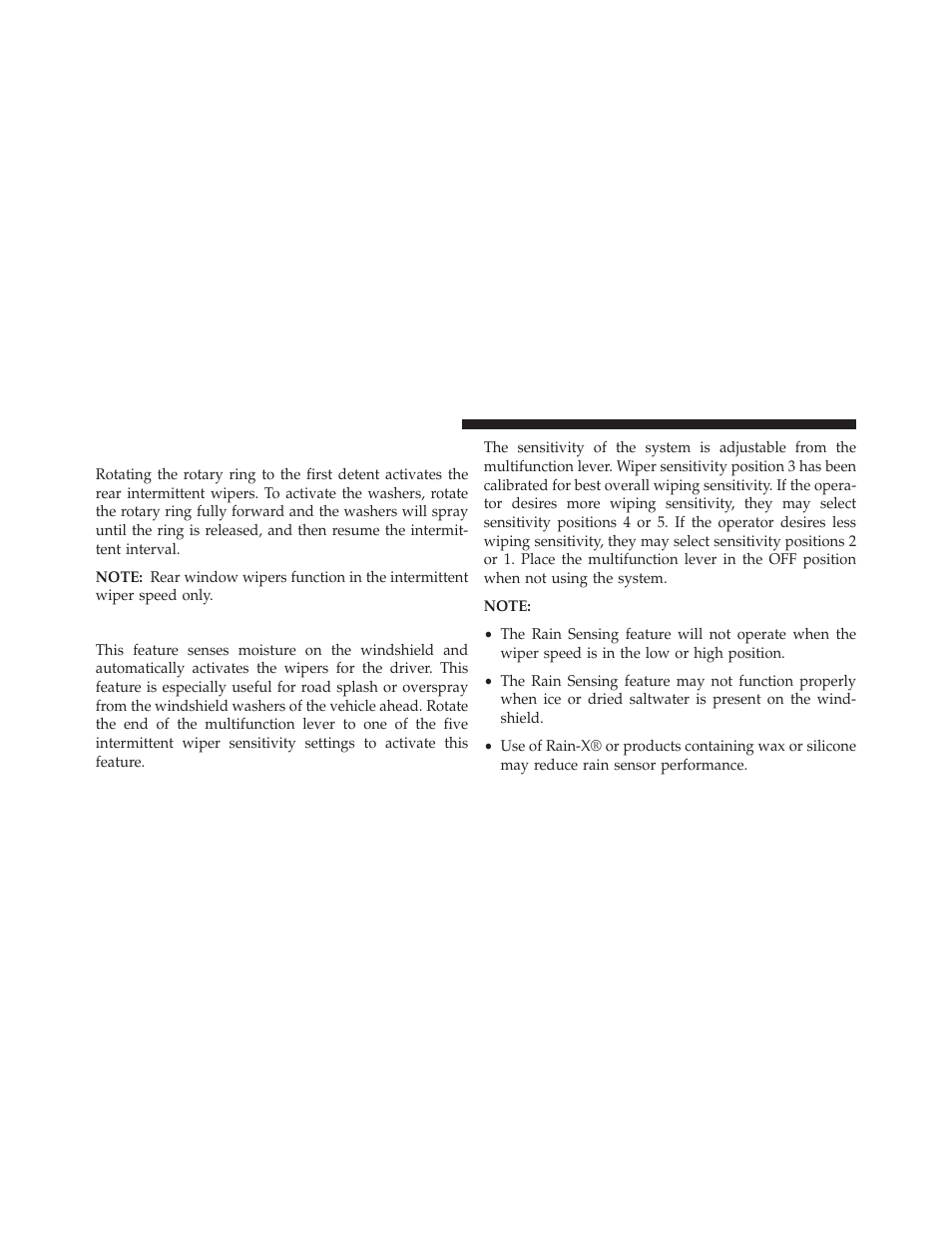 Rear wiper and washer, Rain sensing wipers — if equipped | Ram Trucks 2013 С/V - Owner Manual User Manual | Page 232 / 700
