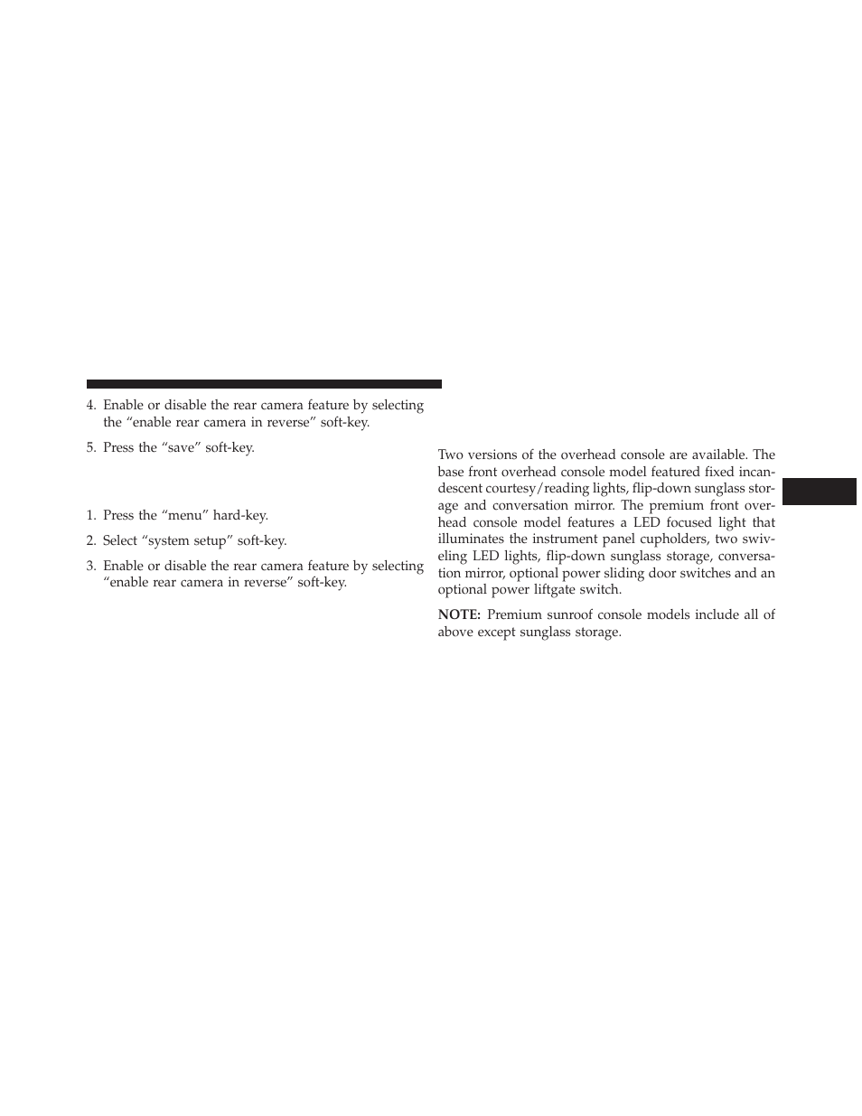 Overhead consoles, Front overhead console, Turning parkview® on or off — without | Navigation/multimedia radio | Ram Trucks 2013 С/V - Owner Manual User Manual | Page 253 / 700