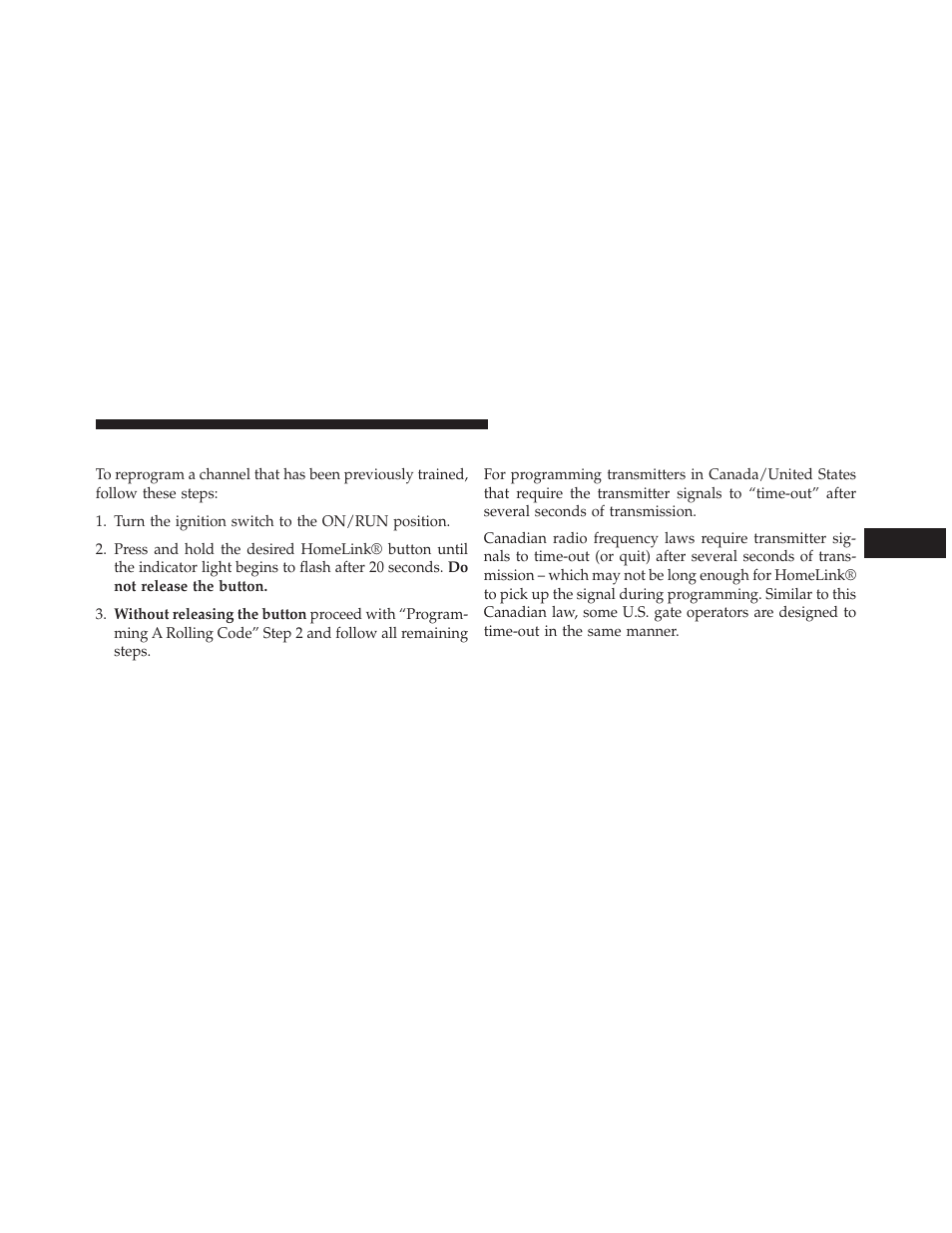 Reprogramming a single homelink® button, Canadian/gate operator programming, Reprogramming a single homelink | Button | Ram Trucks 2013 С/V - Owner Manual User Manual | Page 263 / 700