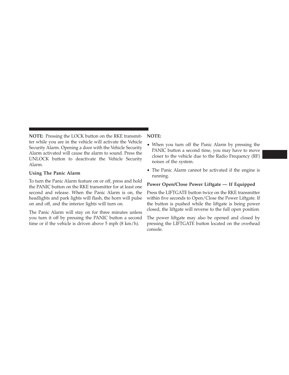 Using the panic alarm, Power open/close power liftgate — if equipped | Ram Trucks 2013 С/V - Owner Manual User Manual | Page 27 / 700