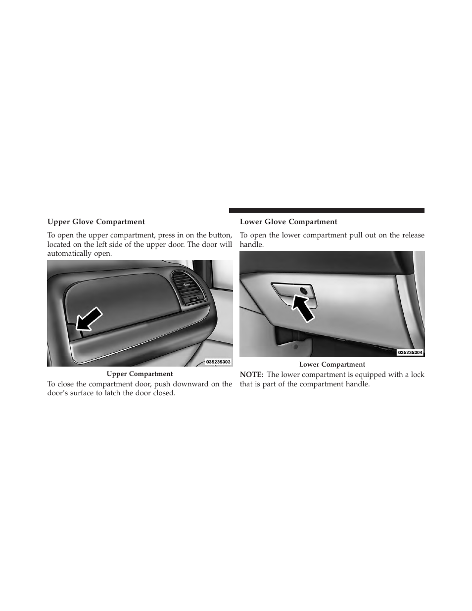 Upper glove compartment, Lower glove compartment | Ram Trucks 2013 С/V - Owner Manual User Manual | Page 282 / 700